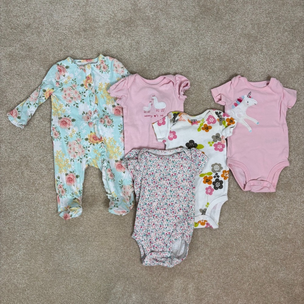 Infant Girls Short & Long‎ Sleeve Snap Bottom One Piece Bodysuit Lot (5) Size 3M